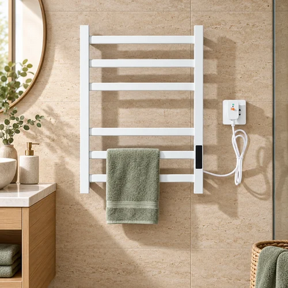 Sèche-serviette électrique blanc mural avec serviette verte 
