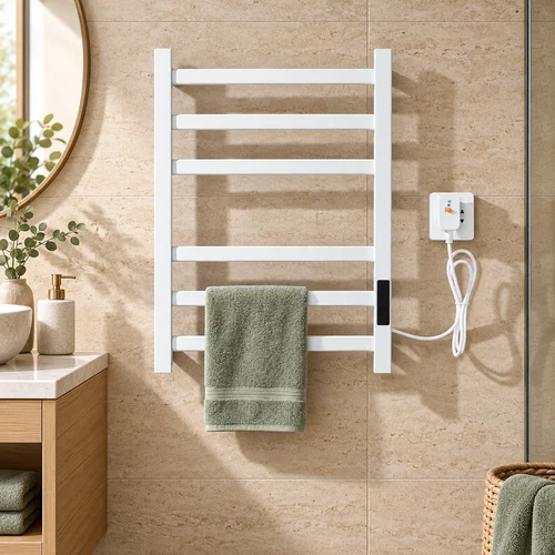 Sèche-serviette électrique blanc mural avec serviette verte 
