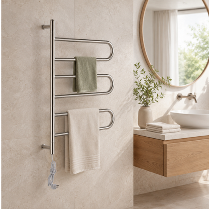 Sèche-serviette électrique chromé avec serviettes blanche et verte