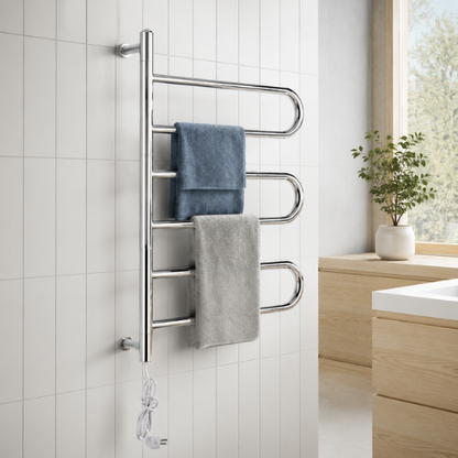 Sèche-serviette électrique chromé avec serviettes bleue et grise