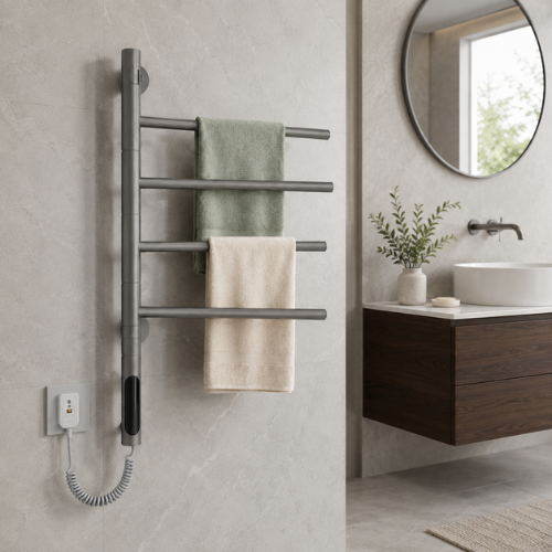 Sèche-serviette mural gris avec serviettes beige et anthracite