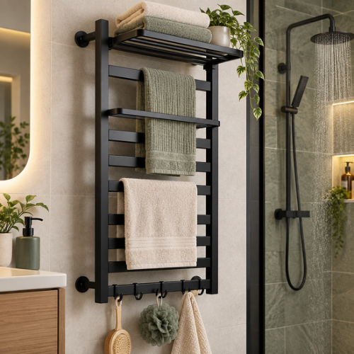 Sèche-serviette mural noir avec étagère et crochets