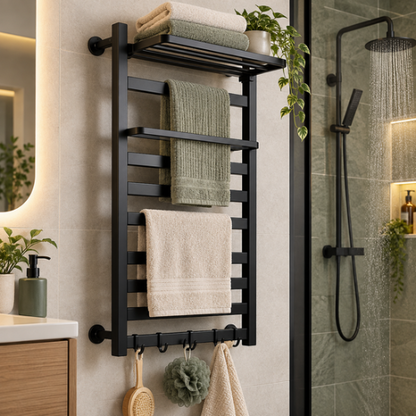 Sèche-serviette mural noir avec étagère et crochets
