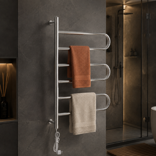 Sèche-serviette mural pivotant avec serviettes terracotta et beige
