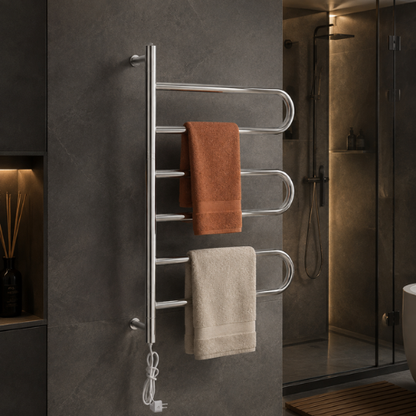 Sèche-serviette mural pivotant avec serviettes terracotta et beige