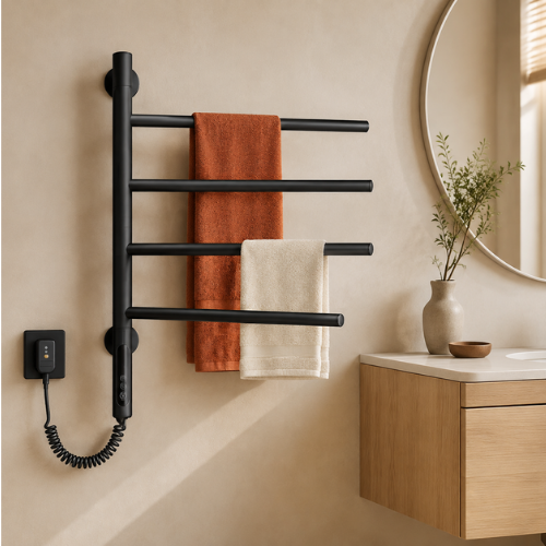 Sèche-serviette noir pivotant avec serviettes dans un décor contemporain