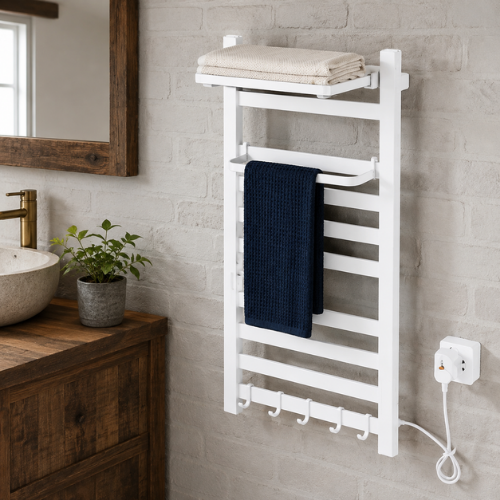 Sèche-serviettes blanc avec serviette bleu marine installé près du meuble