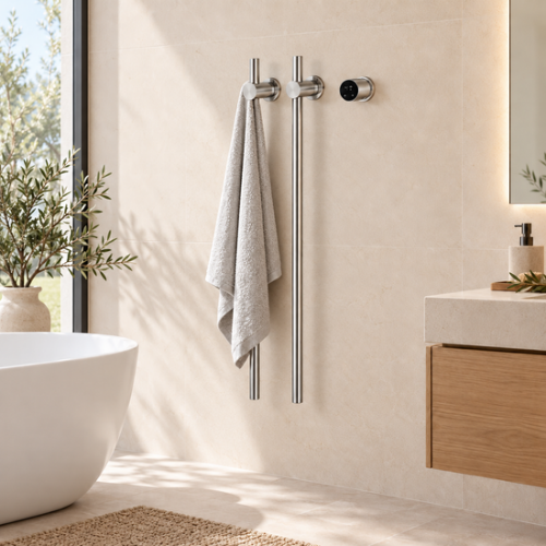 Sèche-serviettes chromé à deux barres dans une salle de bain