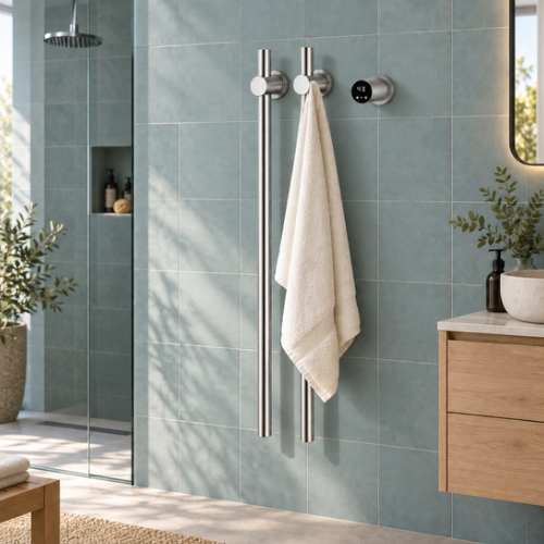 Sèche-serviettes chromé à deux barres près d’une douche vitrée