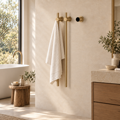 Sèche-serviettes doré à deux barres dans une salle de bain