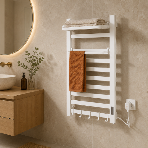 Sèche-serviettes électrique blanc mural avec serviette brune