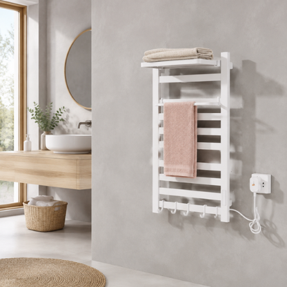 Sèche-serviettes électrique mural blanc avec serviette rose