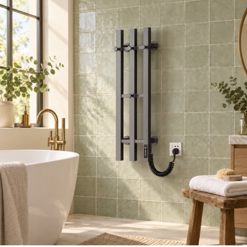 Sèche-serviettes électrique mural gris dans une salle de bain
