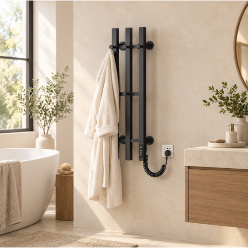 Sèche-serviettes électrique noir avec une robe de chambre blanche