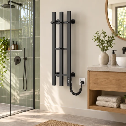 Sèche-serviettes noir à trois barres verticales installé entre une douche
