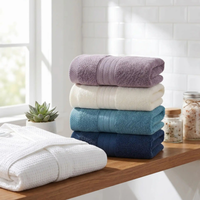 Serviette de toilette douce absorbante sur une tablette