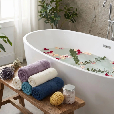 Serviette de toilette roulé sur un banc prêt de la baignoire
