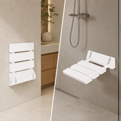 Siège de douche mural présenté en positions pliée et ouverte
