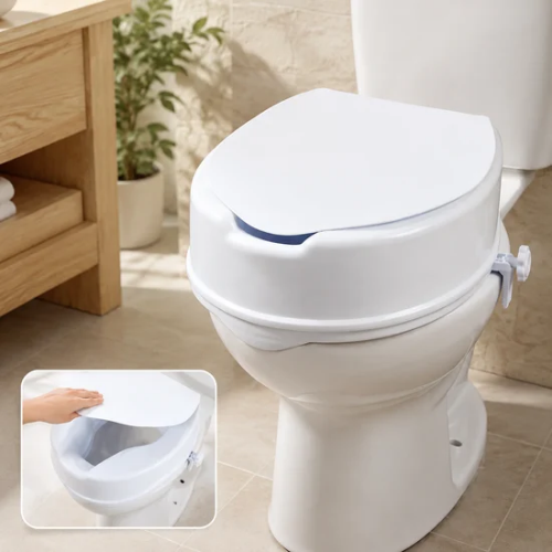 Siège de toilette surélevé avec couvercle et système de fixation