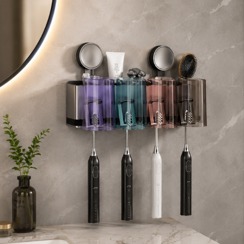 Support brosse à dents à ventouse avec 4 gobelets