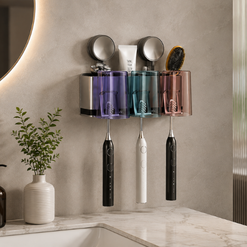 Support mural brosse à dents avec 3 gobelets colorés