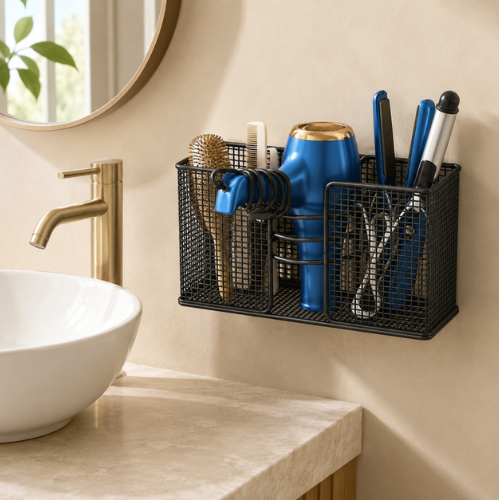 Support mural noir pour ranger sèche-cheveux et accessoires