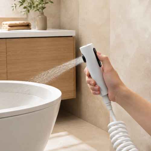 Système de bidet autonettoyant avec tuyau spiralé et commande latérale