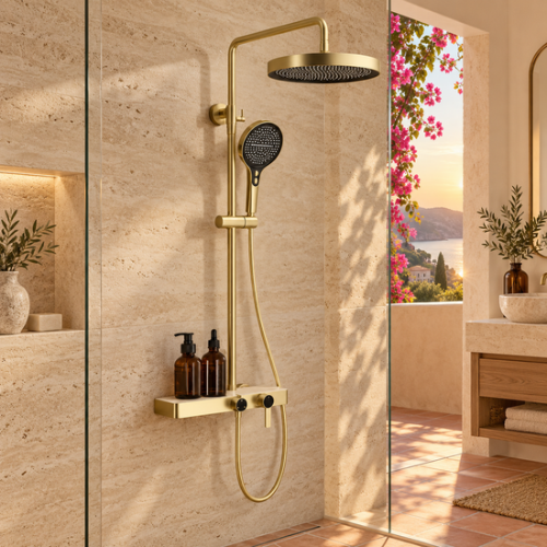 Système de douche doré avec pommeau pluie