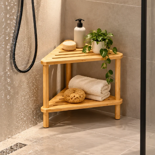 Tabouret de douche d’angle en bambou antidérapant avec deux niveaux