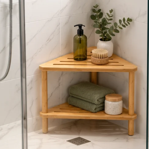 Tabouret de douche en bambou à deux étages avec serviettes