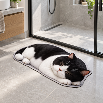 Tapis chat noir et blanc absorbant devant une douche moderne