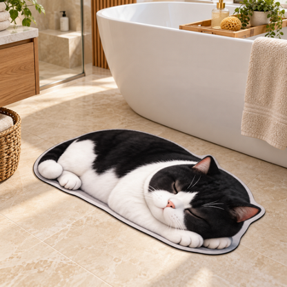 Tapis de bain chat noir et blanc devant une baignoire moderne
