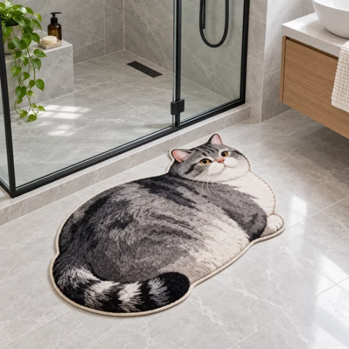 Tapis de bain chat gris antidérapant devant une douche vitrée