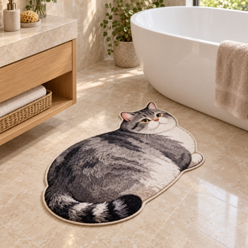 Tapis de salle de bain chat gris doux devant une baignoire
