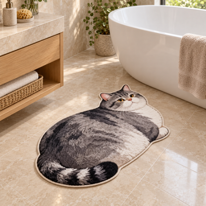 Tapis de salle de bain chat gris doux devant une baignoire