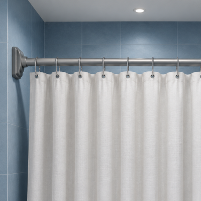 Tringle de douche extensible  installée entre deux murs avec rideau