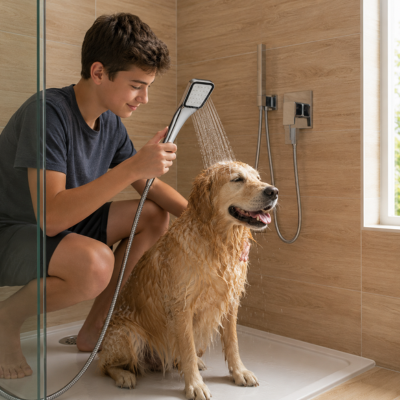 Un-enfant-lavant-son-chien-avec-le-pommeau-de-douche