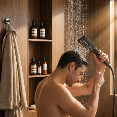  Un homme se lave avec le pommeau de douche noir