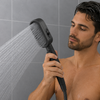 Un homme tient le pommeau-de-douche-avec-poignée-ergonomique