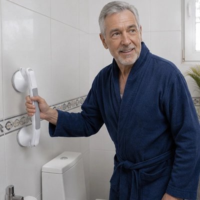 Barre d'appui à ventouses  fixée sur une paroi de douche