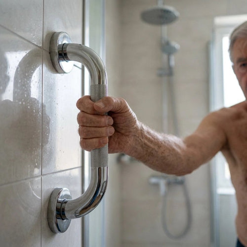 Barre d’appui murale chromée installée près d’une baignoire