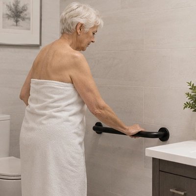 Barre de maintien en acier inoxydable fixée près d'un lavabo