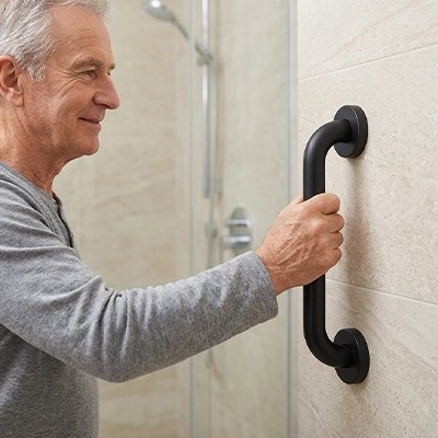 Barre de maintien noire en acier inoxydable installée au mur