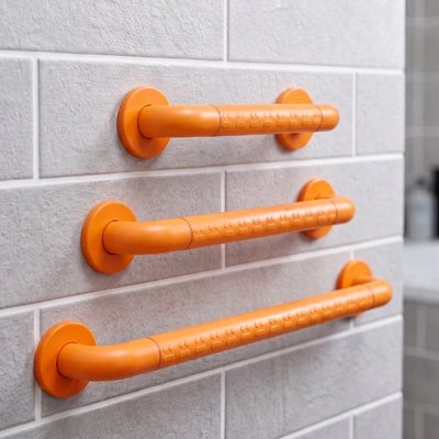 Barres d’appui orange de différentes longueurs fixées sur un mur 