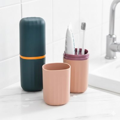 Brosse à dents rangée dans un étui cylindrique compact rose