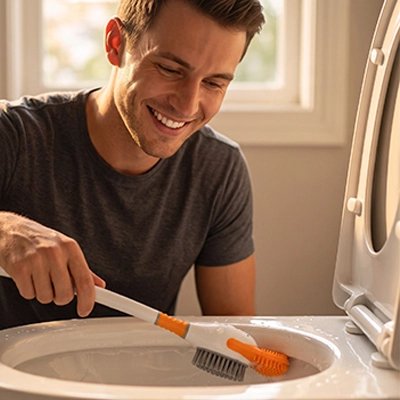Brosse à toilette orange avec picots rigides et poignée ergonomique