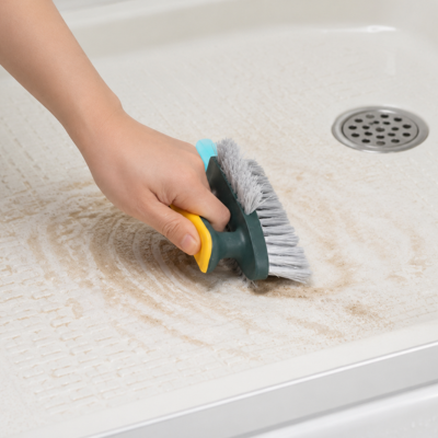 Brosse ergonomique avec raclette intégrée pour nettoyer lavabo et carrelage