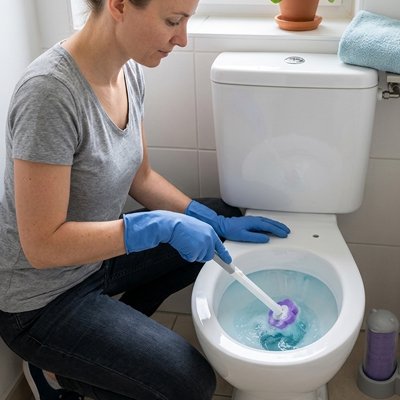 brosse toilette avec cartouche contenant un produit désinfectant préchargé 