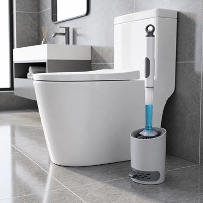 Brosse WC en silicone avec support autoportant blanc et gris