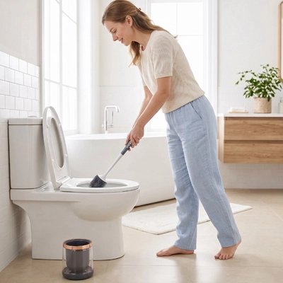 Brosse WC moderne avec support de rangement posée près des toilettes